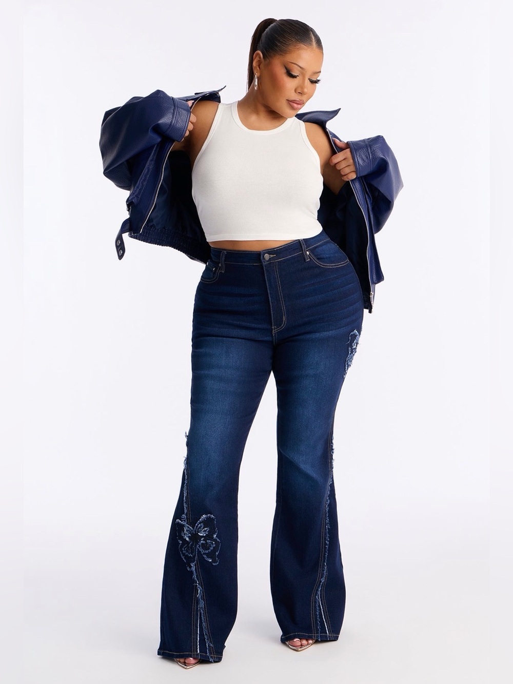 Fashion Nova Plus Size Dark Blue High-Rise Embroidered Flare Jeans